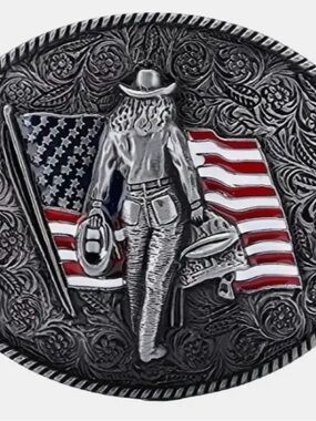 Patriotic Cowboy Woman Western Belt Buckle - Silver with Red, White & Blue
